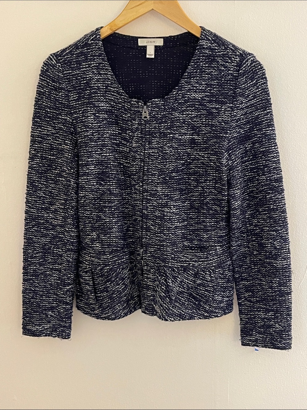 J. Crew Navy Tweed Peplum Jacket Double Zip Size Small